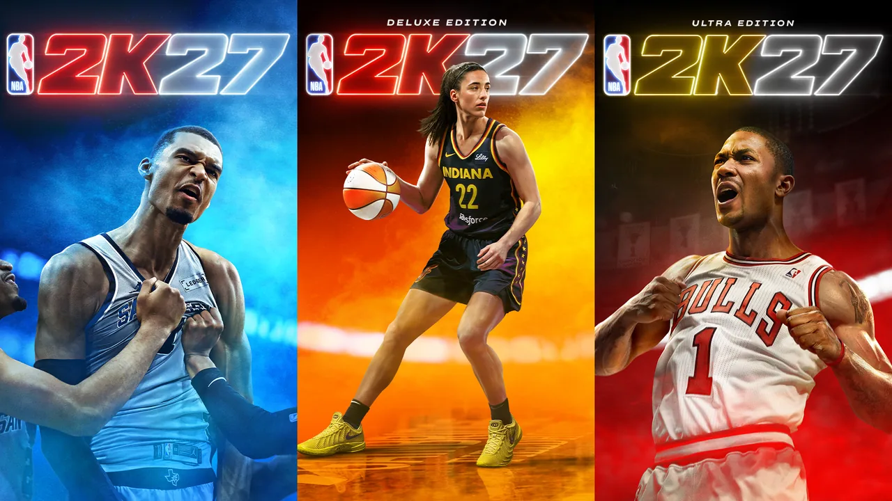 NBA 2K27 — key art officielle avec Victor Wembanyama, Caitlin Clark et Derrick Rose
